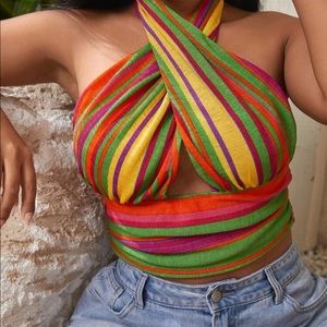 SHEIN PLUS STRIPED COLORBLOCK CROSS WRAP HALTER TOP